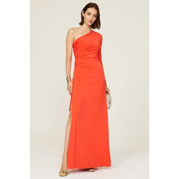 Halston Giana Asymmetrical One Shoulder Long Sleeve Jersey Dress in Orange Sz 0 - Picture 2 of 14